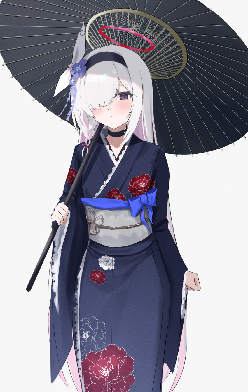 1girl absurdres black_choker black_eyes black_hairband black_kimono blue_archive blush choker closed_mouth colored_inner_hair flower hair_flower hair_ornament hair_over_one_eye hairband halo highres holding holding_umbrella japanese_clothes kimono long_hair long_sleeves looking_at_viewer multicolored_hair neranainerune obi oil-paper_umbrella pink_hair plana_(blue_archive) purple_flower red_halo sash simple_background solo umbrella white_background white_hair wide_sleeves