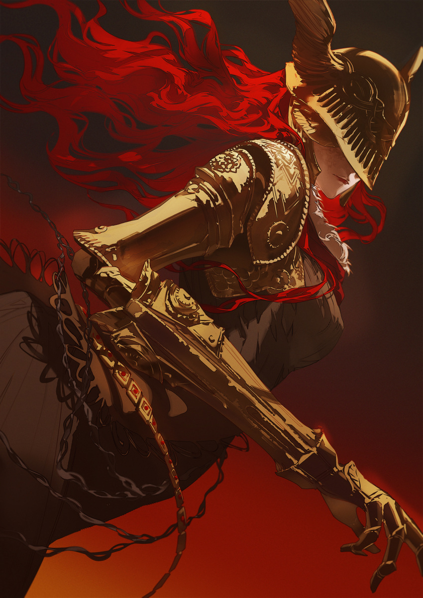 1girl armor closed_mouth commentary covered_eyes cowboy_shot elden_ring expressionless floating_hair gold_armor gradient_background helmet helmet_over_eyes highres long_hair malenia_blade_of_miquella mechanical_arms red_background redhead satsuya shoulder_armor single_mechanical_arm solo very_long_hair wavy_hair winged_helmet