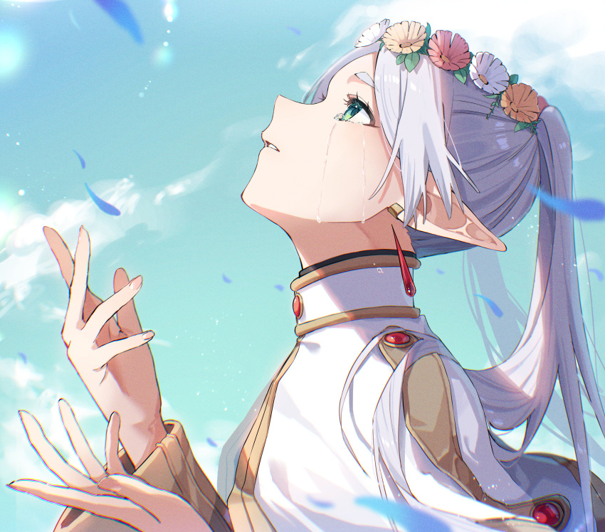 1girl absurdres blue_sky capelet clouds crying crying_with_eyes_open drop_earrings earrings elf falling_petals frieren from_side green_eyes grey_hair hands_up head_wreath highres jewelry long_hair looking_up parted_bangs parted_lips petals pointy_ears rinzawa sky solo sousou_no_frieren streaming_tears tears twintails white_capelet