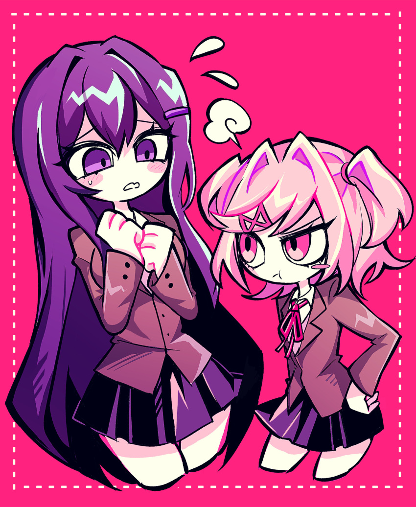 2girls :t blazer blush blush_stickers border bow bowtie brown_jacket collared_shirt commentary_request cropped_legs doki_doki_literature_club dotted_line flying_sweatdrops frown hair_ornament hairclip hands_on_own_hips hatosabure highres jacket long_hair looking_at_another multiple_girls natsuki_(doki_doki_literature_club) nervous pink_background pink_eyes pink_hair pleated_skirt purple_hair purple_skirt red_bow red_bowtie shirt short_hair simple_background skirt two_side_up violet_eyes white_shirt yuri_(doki_doki_literature_club)