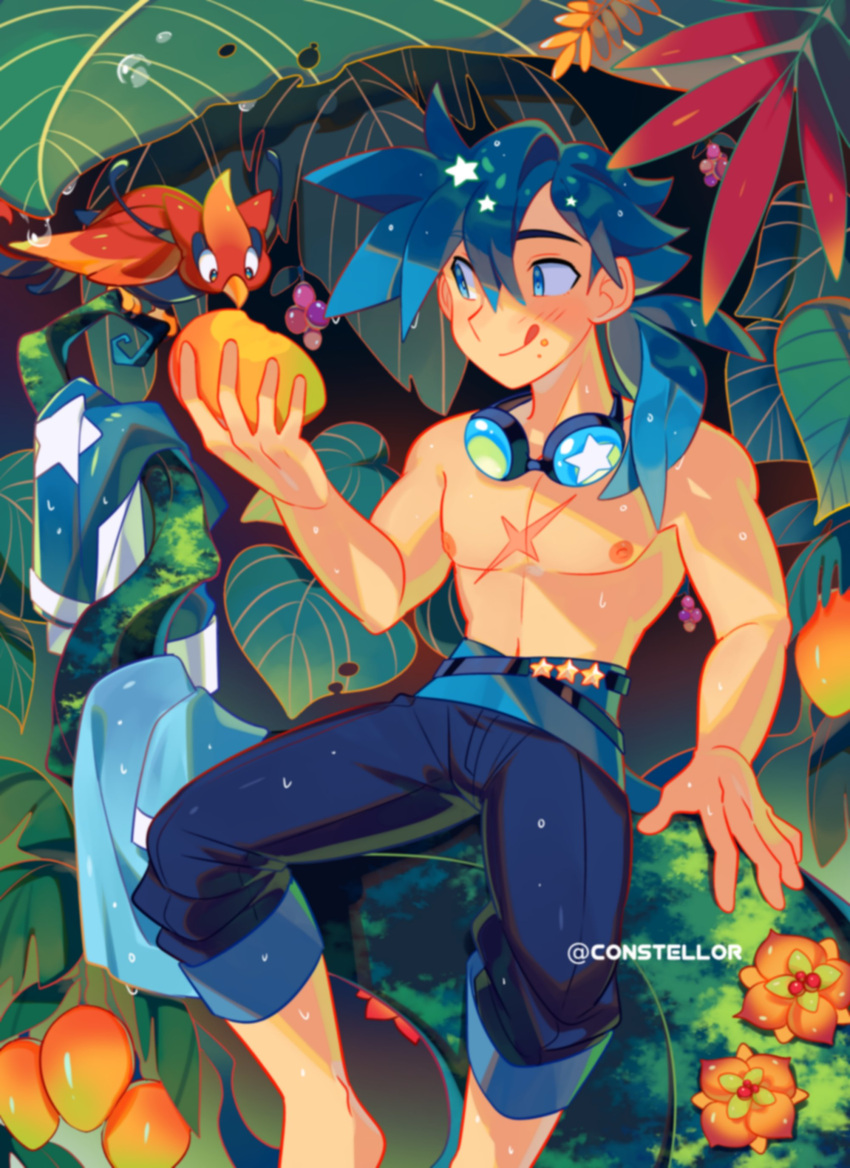 1boy absurdres barefoot bird blue_eyes blue_hair branch commentary constellor cross_scar feeding feeding_animal food fruit goggles goggles_around_neck highres holding holding_food holding_fruit long_hair male_focus original pants pants_rolled_up plant ponytail scar scar_on_chest symbol-only_commentary topless_male unworn_shirt wet