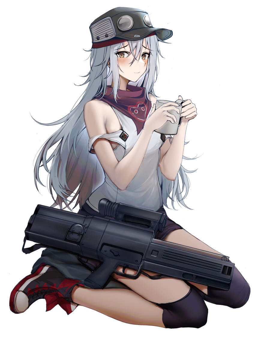 1girl assault_rifle boots brown_eyes cup g11_(girls'_frontline) girls_frontline green_headwear grey_hair gun h&amp;k_g11 hat highres holding holding_cup kitsune_udon_(ai_br) long_hair looking_at_viewer messy_hair rifle seiza sitting smile solo weapon white_background