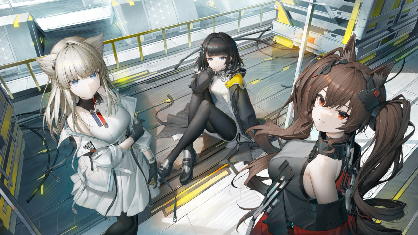 3girls absurdres ahoge angelina_(arknights) animal_ear_fluff animal_ears arknights arknights:_endfield arm_support backless_outfit bare_shoulders belt belt_pouch black_footwear black_gloves black_hair black_hood black_jacket black_pantyhose black_pouch black_shorts blonde_hair blue_eyes blue_ribbon blunt_bangs bracelet breasts brown_belt brown_hair buckle chest_strap closed_mouth collar commentary crossed_bangs day dress drill_hair dutch_angle endministrator_(arknights) extra_ears eyelashes feet_out_of_frame female_endministrator_(arknights) fox_ears fox_girl from_above from_side full-length_zipper full_body gloves grey_eyes grey_hair grey_shirt grin hair_between_eyes hair_intakes hair_ornament hairclip hand_on_own_arm hand_on_own_chin hand_up high_collar highres hood hood_down hooded_jacket infection_monitor_(arknights) jacket jewelry knees_up layered_sleeves legs light_smile long_hair long_sleeves looking_at_viewer looking_to_the_side looking_up medium_breasts metal_collar multicolored_clothes multicolored_jacket multiple_girls off_shoulder official_alternate_costume on_ground open_clothes open_jacket orange_eyes outdoors pantyhose parted_lips perlica_(arknights) pouch puffy_long_sleeves puffy_sleeves railing red_jacket red_ribbon ribbed_sweater ribbon shadow shirt shoes short_hair short_shorts shorts sidelocks sitting sleeveless sleeveless_dress sleeveless_shirt smile soho_(user_dphk5745) standing strap sweater teeth turtleneck turtleneck_shirt twin_drills twintails two-sided_fabric two-sided_jacket two-tone_eyes two-tone_jacket unworn_jacket upper_body variant_set very_long_hair white_dress white_jacket white_sweater wide_sleeves yellow_pupils zipper