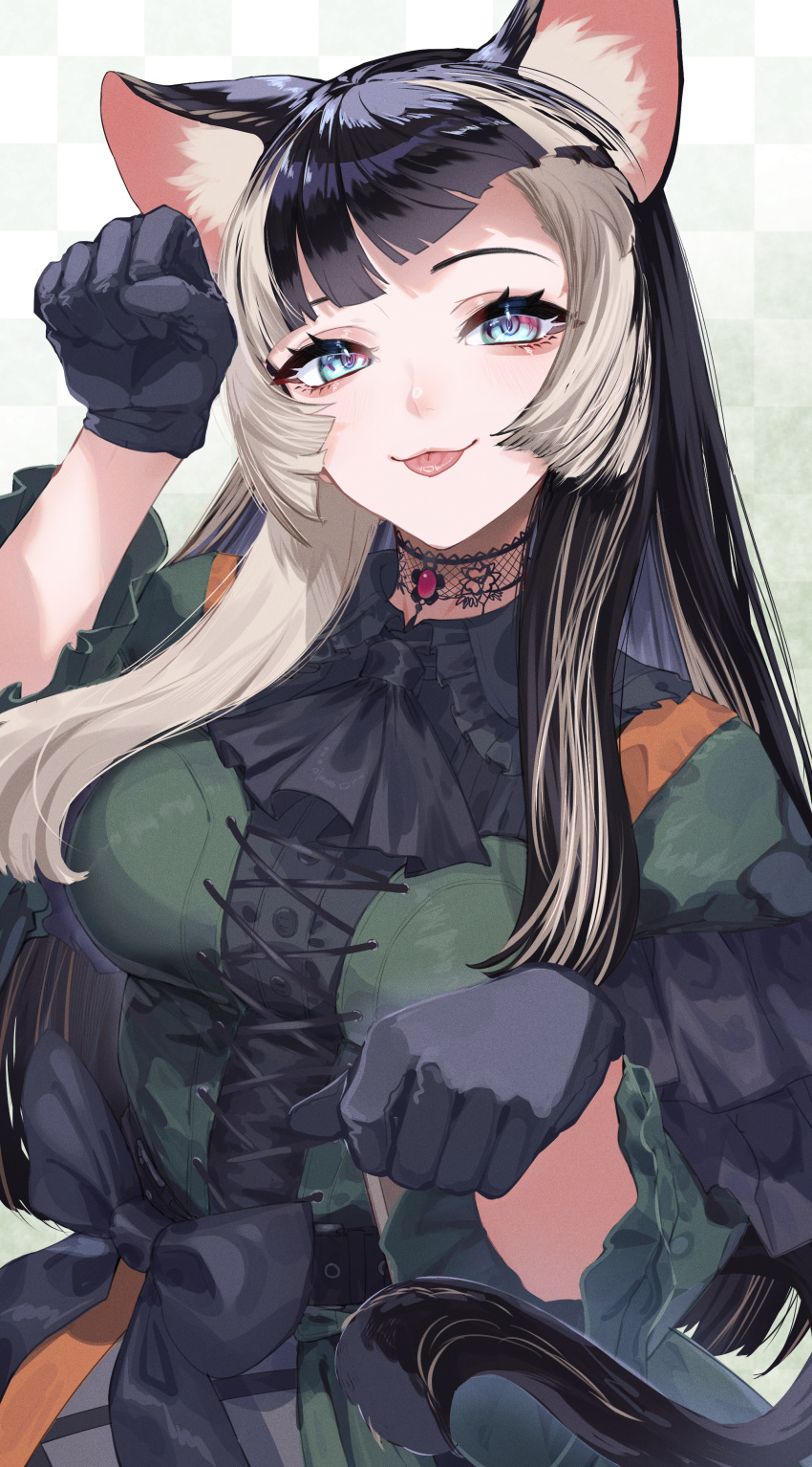 1girl absurdres animal_ears black_gloves black_hair cat_ears choker dress gloves green_dress grey_hair highres hololive hololive_dev_is juufuutei_raden lace lace_choker long_hair multicolored_hair murechika tongue tongue_out two-tone_hair virtual_youtuber