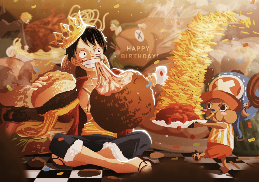 4boys antlers black_hair blue_shorts burger commentary_request confetti crossed_legs crown doccoi eating food french_fries happy_birthday hat highres looking_to_the_side male_focus meat monkey_d._luffy multiple_boys one_piece pasta red_shirt reindeer_antlers roronoa_zoro sandals sanji_(one_piece) sash scar scar_on_face shirt short_hair shorts sitting straw_hat tony_tony_chopper yellow_sash