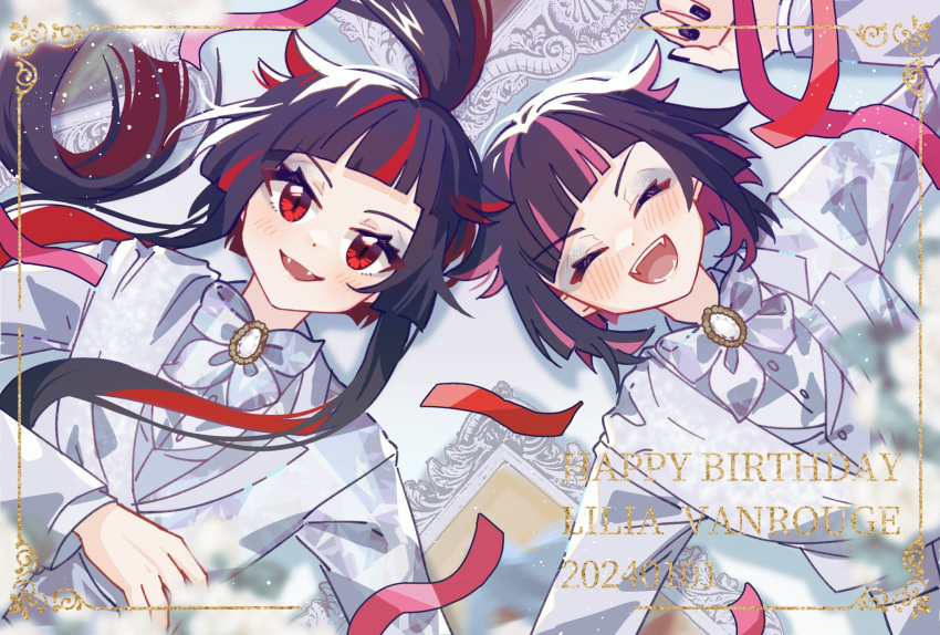 2boys :d ^_^ black_hair black_nails brooch character_name closed_eyes confetti dated dual_persona fangs from_above grey_jacket grey_vest hair_flaps happy_birthday highres jacket jewelry lilia_vanrouge long_hair long_sleeves looking_at_viewer lying male_focus multicolored_hair multiple_boys on_back open_mouth picture_frame pink_hair ponytail red_eyes redhead riko_shinkai shirt short_hair smile twisted_wonderland upper_body vest white_gemstone white_shirt