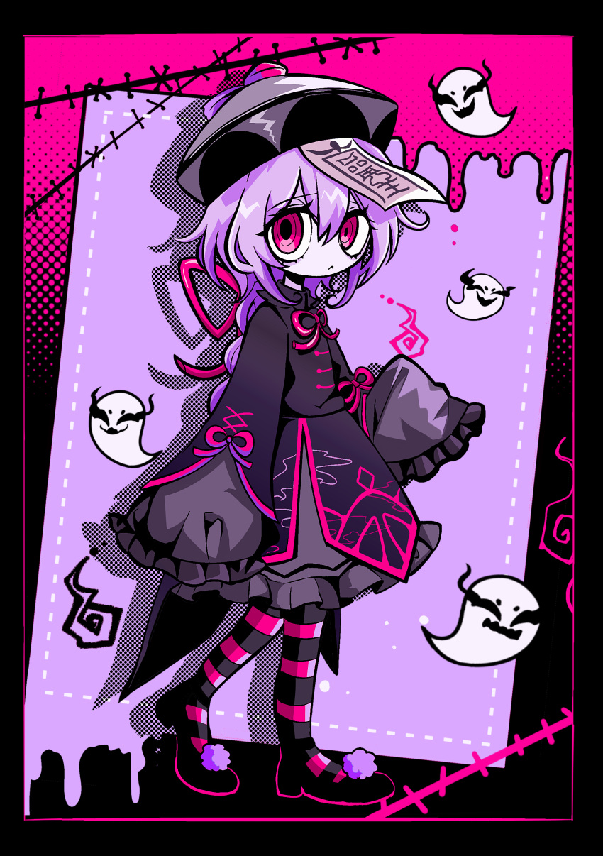 1girl absurdres alternate_costume black_background black_dress black_footwear black_pantyhose border commentary_request dress frown full_body genshin_impact ghost hat hatosabure highres long_hair looking_at_viewer ofuda pantyhose pom_pom_(clothes) purple_background purple_hair qingdai_guanmao qiqi_(genshin_impact) red_background red_eyes red_pantyhose sleeves_past_fingers sleeves_past_wrists solo striped striped_pantyhose