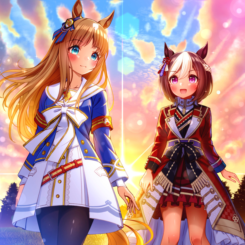 2girls animal_ears belt black_pantyhose blue_dress blue_eyes blue_sky bow braid brown_hair closed_mouth commentary crown_braid day dress dress_bow ear_ribbon frilled_skirt frills gradient_sky grass_wonder_(umamusume) half-dress highres horse_ears horse_girl horse_tail lens_flare long_hair long_sleeves looking_at_another looking_to_the_side miniskirt multicolored_hair multiple_girls official_alternate_costume open_mouth outdoors pantyhose pleated_skirt red_belt red_dress red_skirt short_hair skirt sky smile special_week_(supreme_commander_of_the_rising_sun)_(umamusume) special_week_(umamusume) standing sugimotty_nova sunrise tail two-tone_dress two-tone_hair umamusume violet_eyes white_dress white_hair wind