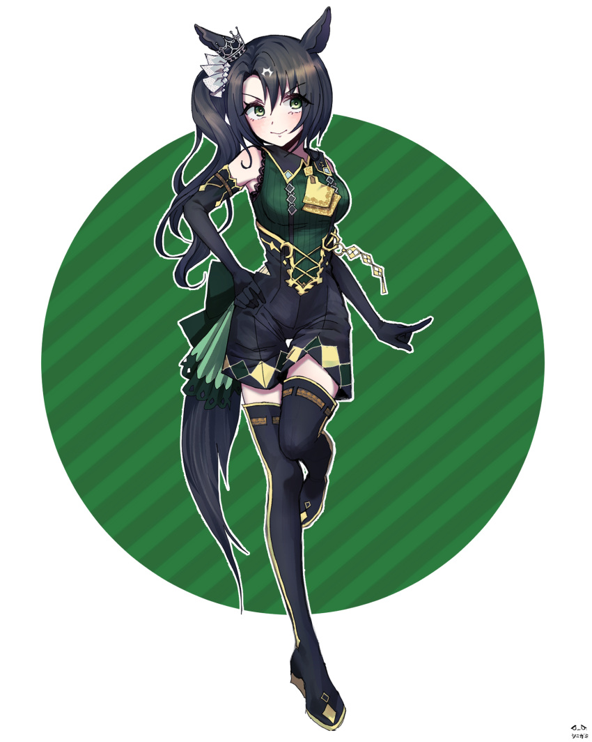 1girl animal_ears artist_logo artist_name ascot black_footwear black_gloves black_hair black_shorts boots breasts closed_mouth elbow_gloves full_body gloves green_eyes green_shirt hand_on_own_hip highres horse_ears horse_girl horse_tail long_hair looking_at_viewer medium_breasts parted_bangs satono_crown_(umamusume) shironism shirt shorts side_ponytail sleeveless sleeveless_shirt smile solo tail thigh_boots two-tone_background umamusume yellow_ascot