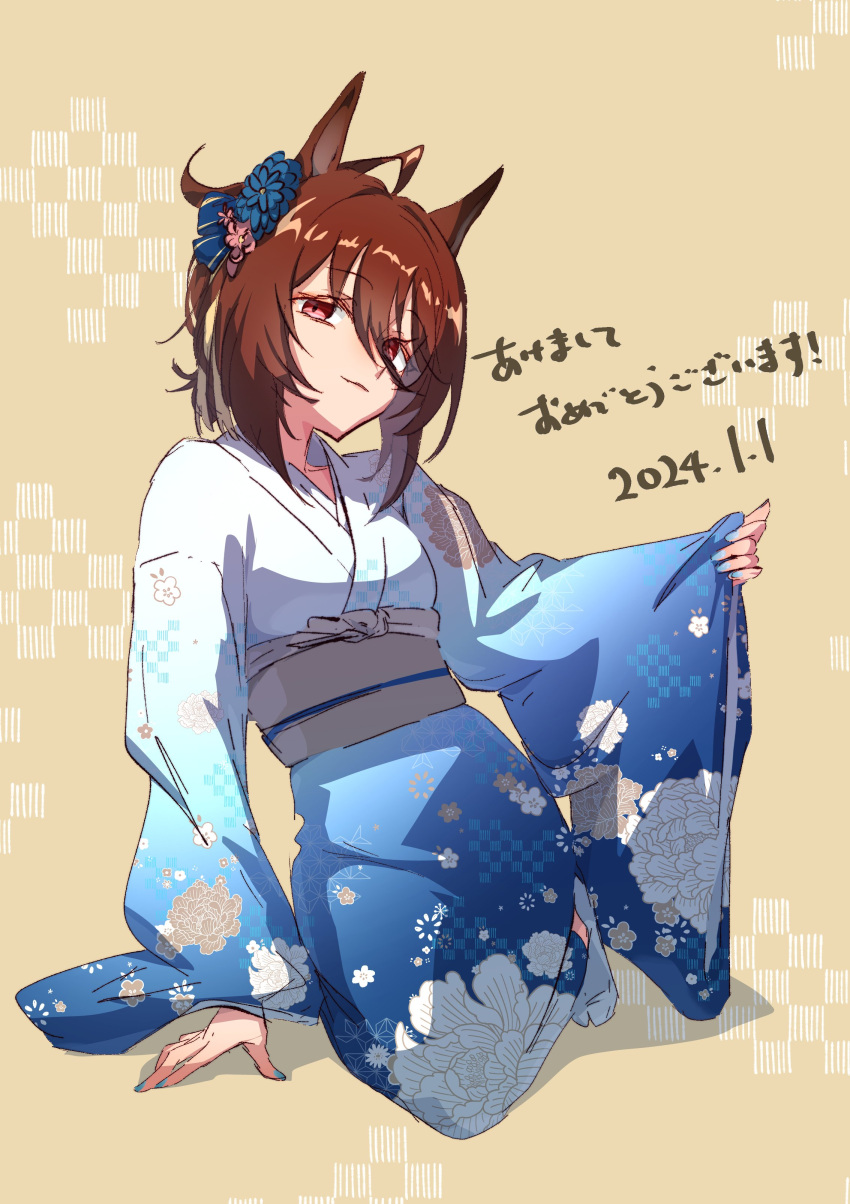 1girl absurdres agnes_tachyon_(umamusume) ahoge alternate_costume animal_ears arm_support blue_kimono breasts brown_hair closed_mouth dated flower full_body hair_between_eyes hair_flower hair_ornament highres horse_ears japanese_clothes kimono kneeling long_sleeves looking_at_viewer new_year obi red_eyes sash short_hair small_breasts smile socks solo umamusume watou wide_sleeves yellow_background yukata