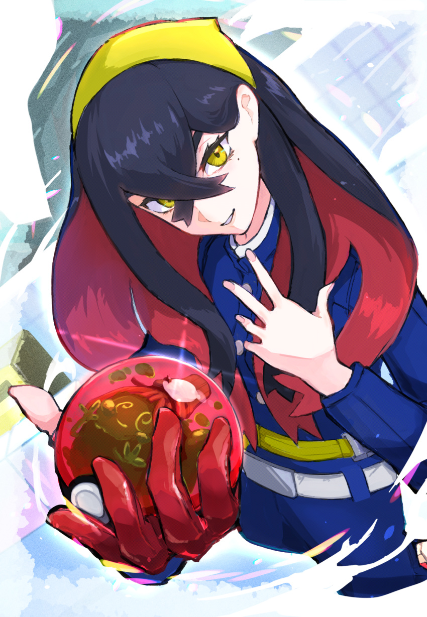 1girl belt belt_buckle black_hair blue_jacket blue_pants buckle buttons carmine_(pokemon) commentary_request crossed_bangs gloves hair_between_eyes hairband highres holding holding_poke_ball jacket long_hair long_sleeves looking_at_viewer maato_tac mole mole_under_eye multicolored_hair pants parted_lips partially_fingerless_gloves poke_ball poke_ball_(basic) pokemon pokemon_(creature) pokemon_sv polteageist red_gloves redhead single_glove smile strap two-tone_hair white_belt yellow_eyes yellow_hairband