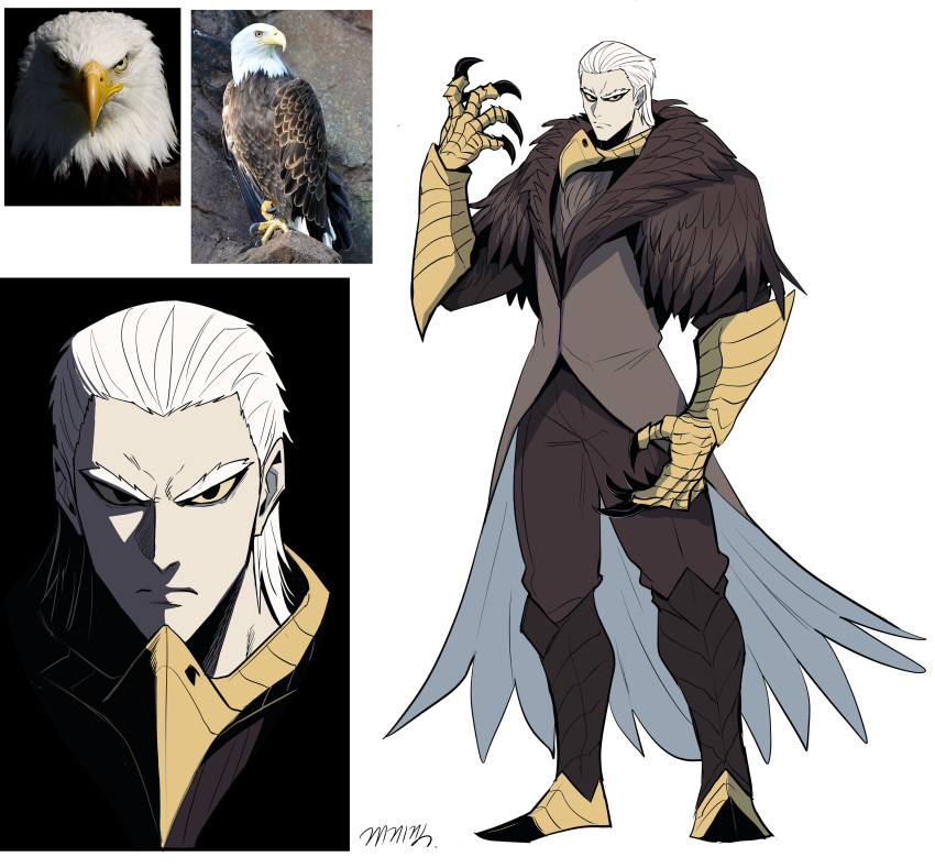 1boy absurdres armor bird black_eyes brown_jacket brown_pants claws closed_jacket closed_mouth colored_sclera creature_and_personification eagle feather-trimmed_jacket frown full_body furrowed_brow gauntlets gegegekman greaves hand_up highres jacket looking_at_viewer male_focus multiple_views original pants reference_inset shaded_face signature white_background white_hair yellow_sclera