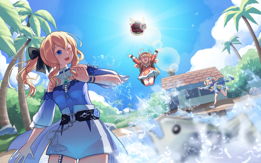 &gt;_&lt; 3girls :d absurdres ahoge arms_up backpack bag bag_charm barbara_(genshin_impact) barbara_(summertime_sparkle)_(genshin_impact) bent_over blonde_hair bloomers blue_eyes blue_one-piece_swimsuit blue_sky bow bracelet brown_footwear brown_scarf cabbie_hat charm_(object) chasing clouds cloudy_sky clover_print coat coconut_tree commentary detached_sleeves dodoco_(genshin_impact) drill_hair duck_print english_commentary fish genshin_impact hair_between_eyes hair_bow hair_ribbon handbag hat hat_feather hat_ornament highres house jean_(genshin_impact) jean_(sea_breeze_dandelion)_(genshin_impact) jewelry jumping jumpy_dumpty klee_(genshin_impact) lens_flare light_brown_hair long_hair long_sleeves looking_at_viewer low_twintails mountainous_horizon multiple_girls official_alternate_costume one-piece_swimsuit open_mouth outdoors outstretched_arms palm_tree pointy_ears ponytail randoseru red_coat red_headwear revision ribbon running scarf shirakawafel sidelocks sky smile spread_arms sun sunlight swimsuit throwing tree twin_drills twintails underwear xd