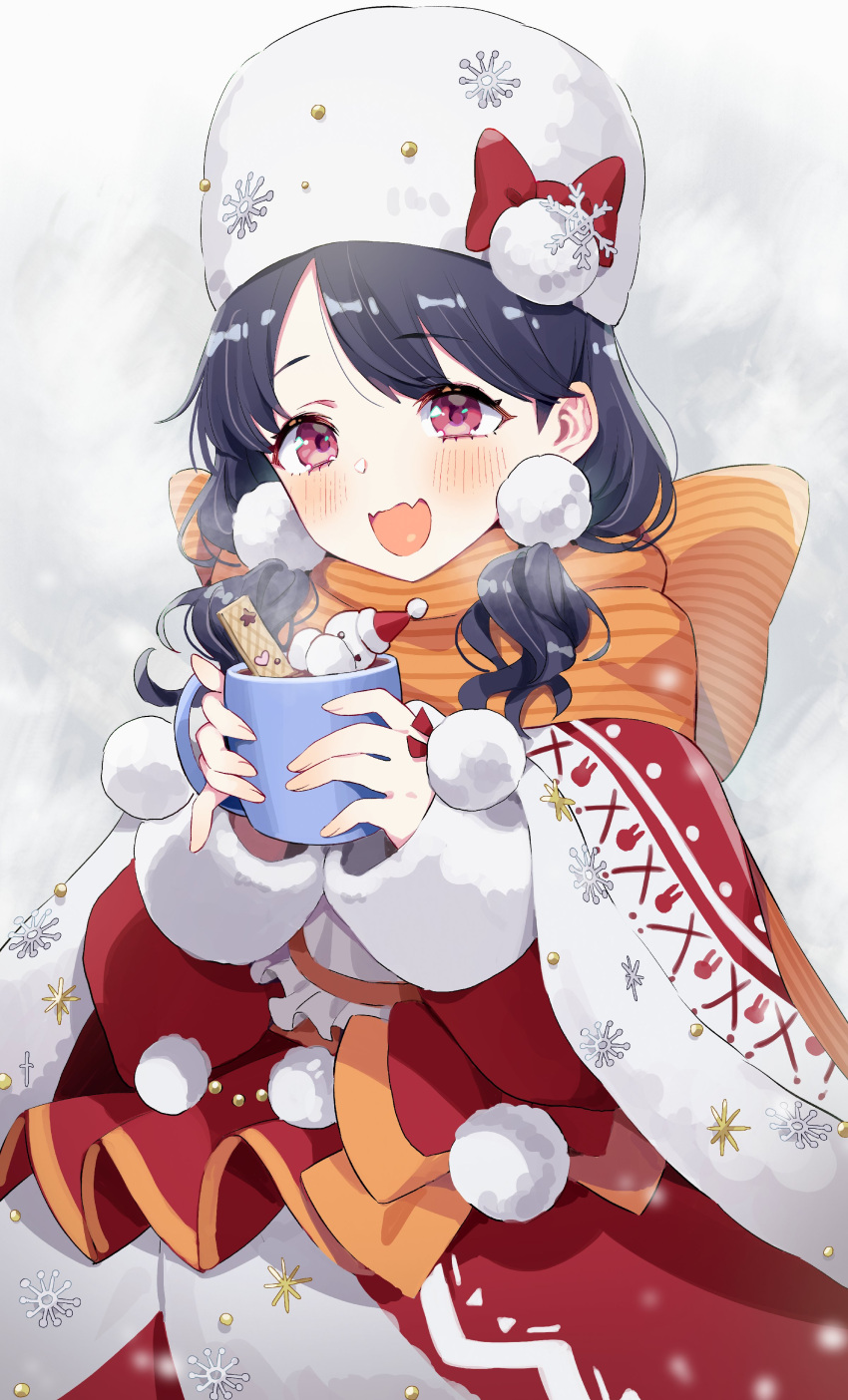1girl absurdres black_hair blush capelet commentary_request cup drink fangs fukumaru_koito hair_over_shoulder hat highres idolmaster idolmaster_shiny_colors idolmaster_shiny_colors_song_for_prism kunikune long_sleeves low_twintails mug open_mouth skin_fangs solo swept_bangs twintails upper_body violet_eyes