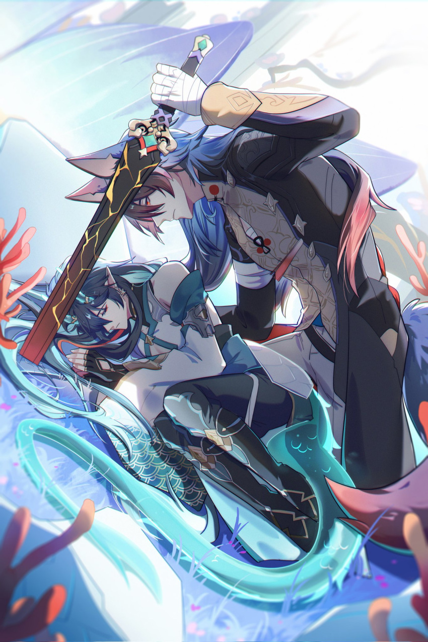2boys animal_ears bandaged_hand bandages black_gloves black_hair black_sleeves blade_(honkai:_star_rail) boy_on_top chest_sarashi chinese_clothes closed_mouth dan_heng_(honkai:_star_rail) dan_heng_(imbibitor_lunae)_(honkai:_star_rail) detached_sleeves dragon_boy dragon_horns dragon_tail earrings elis10086 eyeliner fetal_position fingerless_gloves gloves green_eyes green_horns highres holding holding_sword holding_weapon honkai:_star_rail honkai_(series) horns jewelry long_hair looking_at_another makeup male_focus multiple_boys own_hands_together pointy_ears red_eyeliner sarashi sword tail weapon