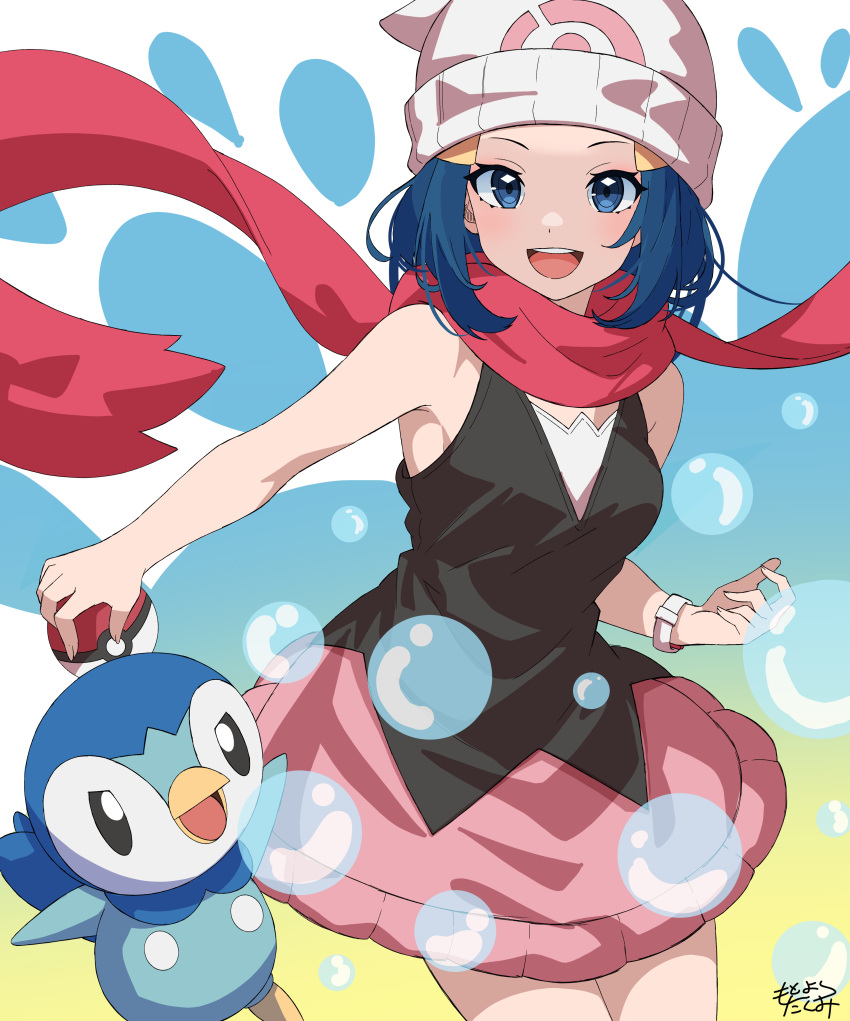 1girl :d absurdres beanie black_shirt blue_eyes blue_hair bracelet commentary_request eyelashes floating_scarf hair_ornament hairclip hat highres hikari_(pokemon) holding holding_poke_ball jewelry looking_at_viewer mototaku open_mouth pink_scarf pink_skirt piplup poke_ball poke_ball_(basic) pokemon pokemon_(creature) pokemon_dppt scarf shirt sidelocks skirt sleeveless sleeveless_shirt smile teeth tongue upper_teeth_only white_headwear