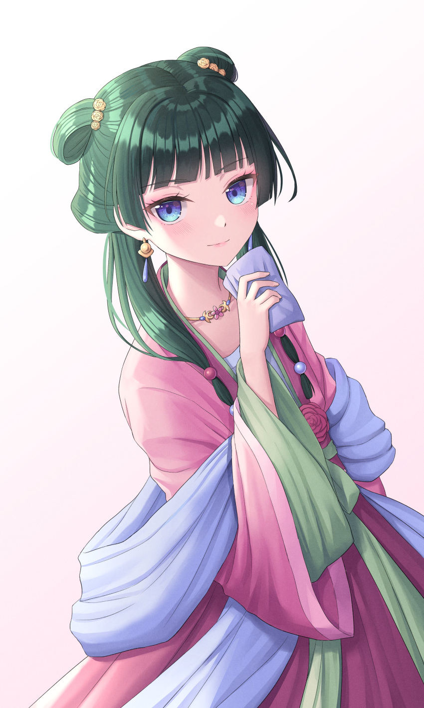 1girl absurdres blue_eyes chinese_clothes closed_mouth dress earrings green_eyes harem_outfit highres holding jewelry kusuriya_no_hitorigoto light_blush lipstick long_sleeves looking_at_viewer makeup maomao_(kusuriya_no_hitorigoto) multicolored_clothes multicolored_dress multicolored_eyes seungju_lee simple_background smile solo violet_eyes wide_sleeves