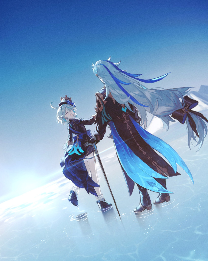 1boy 1girl ahoge black_footwear black_gloves blue_coat blue_hair blue_headwear blue_jacket blue_sky cane closed_eyes coat furina_(genshin_impact) genshin_impact gloves hair_between_eyes hat highres holding holding_cane jacket light_blue_hair long_hair looking_at_another multicolored_hair neuvillette_(genshin_impact) nuko_0108 open_mouth outdoors reflection reflective_water shadow short_hair sidelocks sky smile standing streaked_hair sunlight top_hat two-tone_hair water white_gloves white_hair