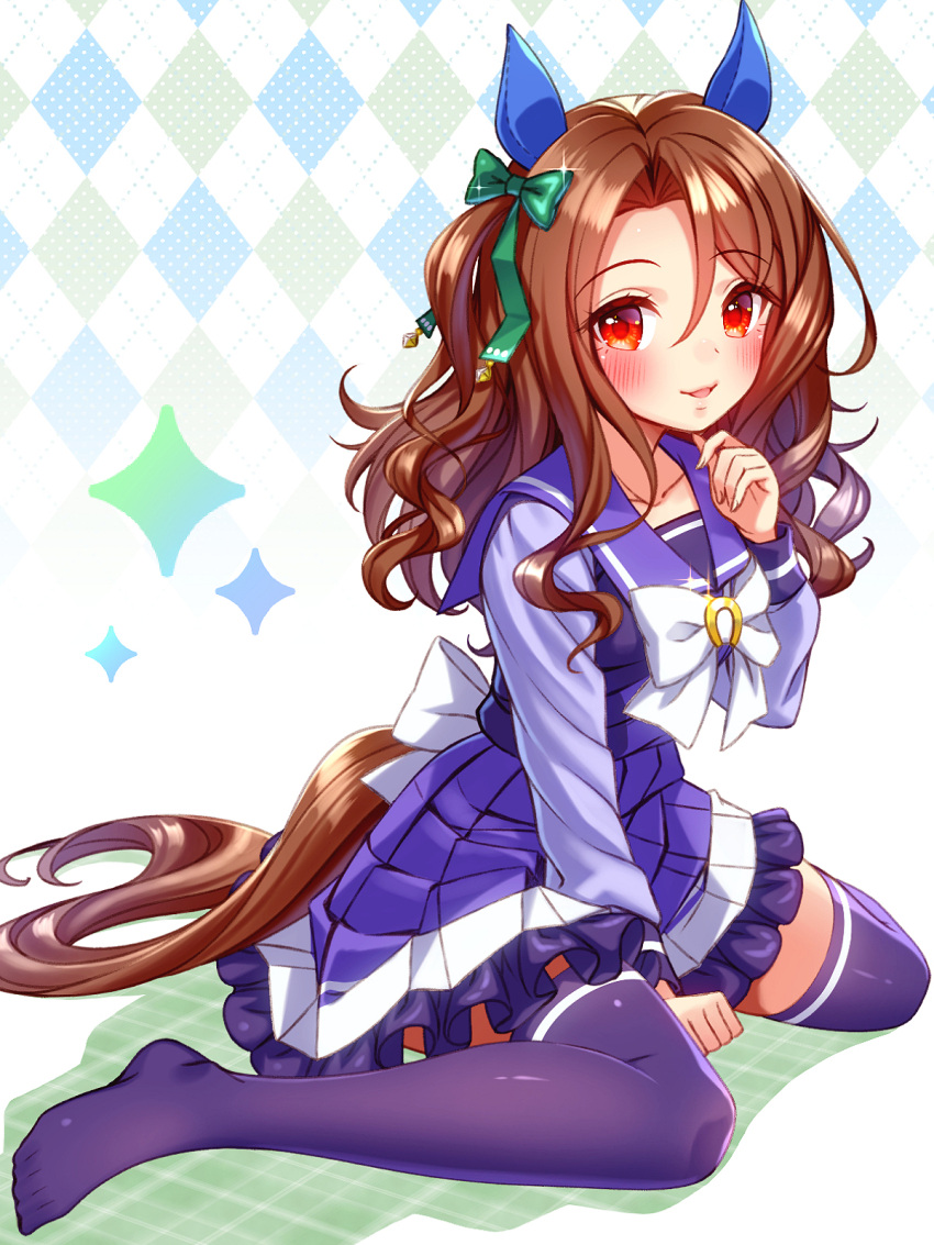 1girl animal_ears back_bow blue_thighhighs bow bowtie brown_hair commentary ear_covers green_bow hair_bow highres horse_ears horse_girl horse_tail horseshoe_ornament king_halo_(umamusume) long_hair long_sleeves looking_at_viewer miniskirt open_mouth pleated_skirt purple_sailor_collar purple_shirt purple_skirt red_eyes sailor_collar school_uniform shirt sitting skirt smile solo sugimotty_nova tail thigh-highs tracen_school_uniform umamusume wariza white_bow white_bowtie