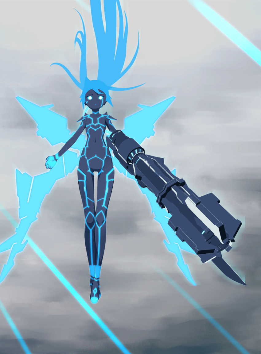 1girl 32zzz arm_cannon black_rock_shooter:_dawn_fall black_rock_shooter_(character) black_skin blue_eyes blue_hair colored_skin floating glowing glowing_eyes highres levitation long_hair mechanical_wings navel parted_lips solo twintails uneven_twintails weapon wings
