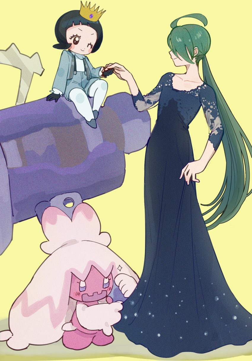 2girls ahoge black_eyes black_gloves black_hair collarbone colored_skin commentary_request crown dress furukawa_raku gloves green_hair hammer hand_on_own_hip highres holding holding_hammer long_dress long_hair multiple_girls one_eye_closed open_mouth pink_skin pokemon pokemon_(creature) pokemon_sv poppy_(pokemon) rika_(pokemon) short_hair simple_background tinkaton yellow_background