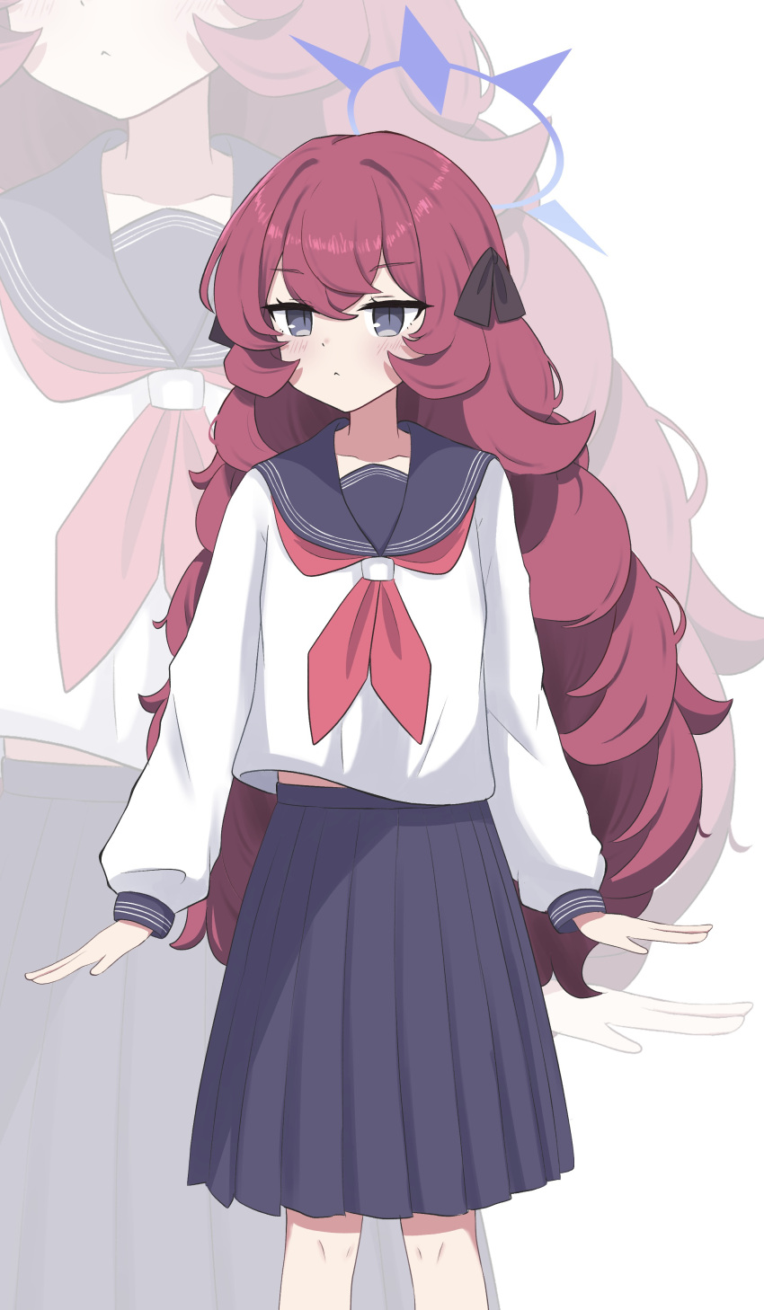 1girl absurdres black_sailor_collar black_skirt blue_archive blush closed_mouth grey_eyes hair_between_eyes hair_ribbon halo highres iroha_(blue_archive) koucha_(sr4ez) long_hair long_sleeves neckerchief pleated_skirt purple_halo red_neckerchief redhead ribbon sailor_collar school_uniform skirt solo zoom_layer