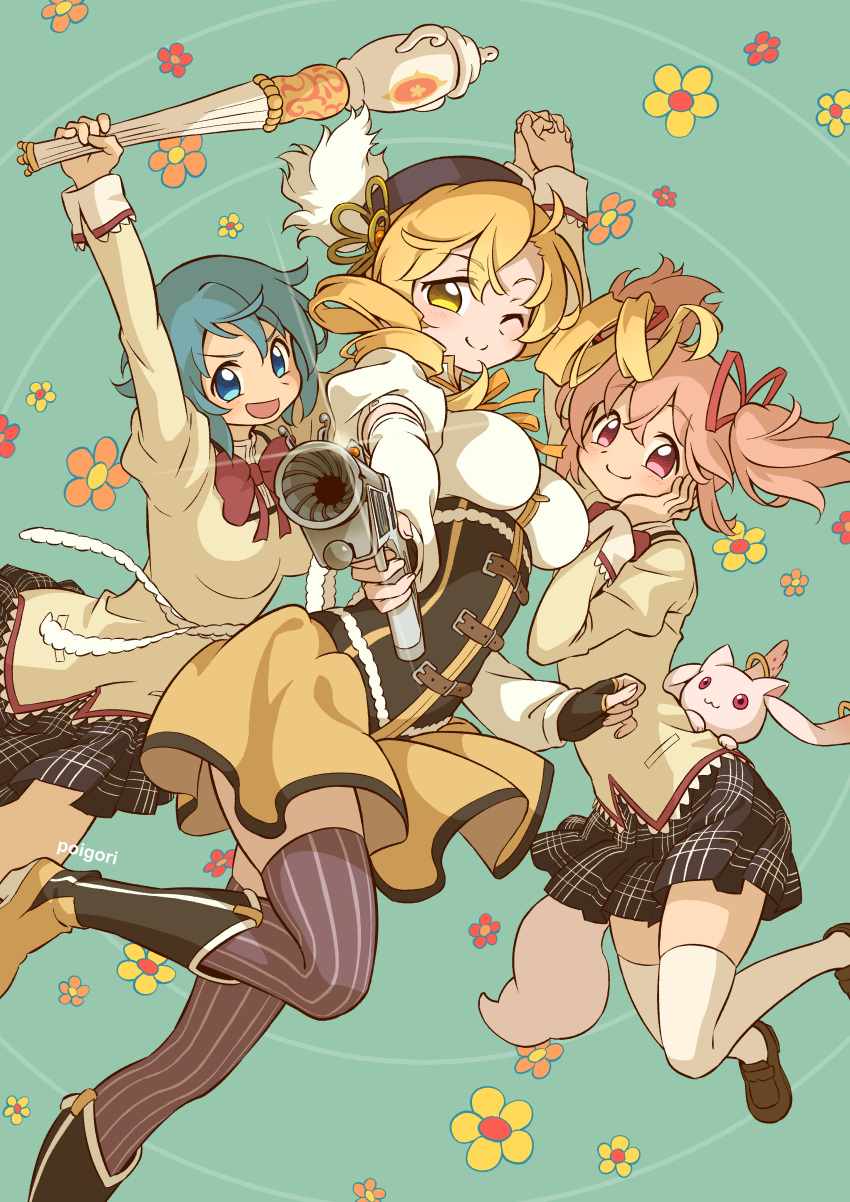 3girls ;) absurdres beret blonde_hair blue_eyes blue_hair breasts detached_sleeves drill_hair full_body gun hair_ribbon hat highres holding holding_gun holding_weapon kaname_madoka kyubey looking_at_viewer mahou_shoujo_madoka_magica mahou_shoujo_madoka_magica_(anime) miki_sayaka mitakihara_school_uniform multiple_girls one_eye_closed open_mouth pink_hair pleated_skirt poigori red_ribbon ribbon school_uniform short_twintails skirt smile striped striped_thighhighs thigh-highs tomoe_mami twin_drills twintails weapon white_thighhighs yellow_skirt