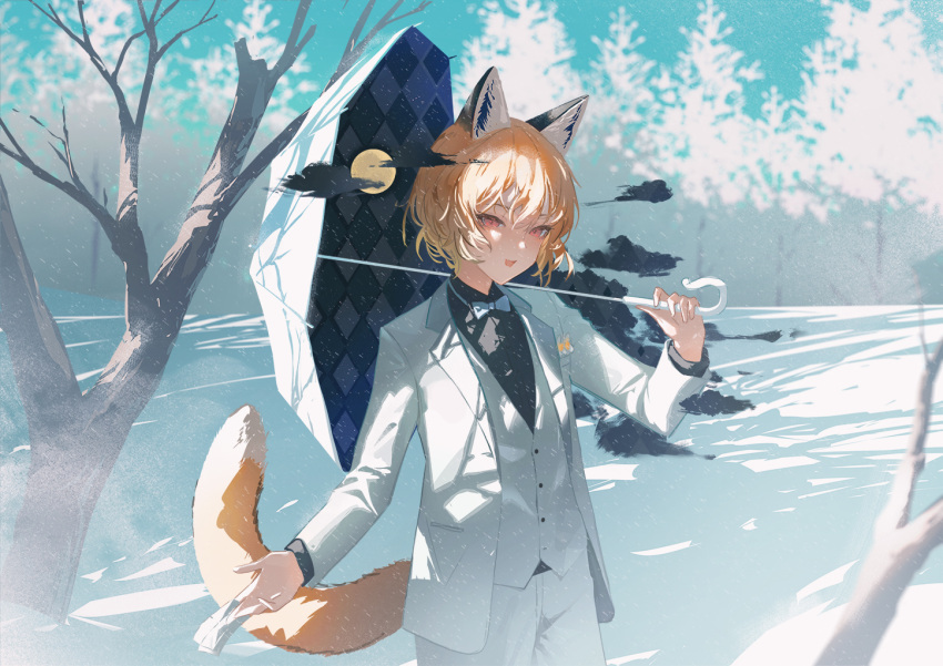 1boy animal_ears bare_tree black_shirt blonde_hair bow bowtie cherry_blossoms clouds diamond_(shape) formal fox_boy fox_ears fox_tail full_moon jacket male_focus messy_hair moon open_mouth original outdoors pants red_eyes shirt snow solo suit suit_jacket tail three-piece_suit tree tsurime umbrella umbrella_over_shoulder vest wakuseiy white_bow white_bowtie white_pants white_suit