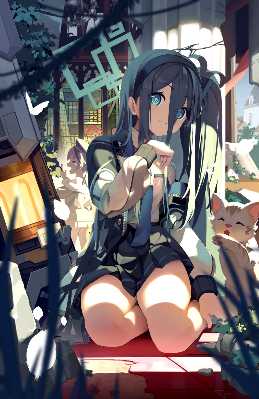 2girls absurdly_long_hair animal aqua_halo aris_(blue_archive) black_hair black_hairband black_skirt blue_archive blue_eyes blue_necktie cat closed_mouth dalian_(1457091741) hairband halo highres jacket koharu_(blue_archive) long_hair multiple_girls necktie one_side_up open_clothes open_jacket pink_hair pleated_skirt revision ringed_eyes shirt skirt smile very_long_hair white_jacket white_shirt