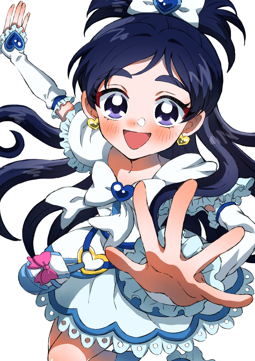 1girl :d absurdres black_hair blush bow commentary commentary_request cure_white detached_sleeves dress earrings english_commentary eyelashes frilled_dress frills futari_wa_precure futari_wa_precure_max_heart hair_bow hair_ornament half_updo happy heart heart_earrings highres jewelry leg_warmers long_hair looking_at_viewer magical_girl mixed-language_commentary natsuta_hiro open_mouth precure simple_background smile solo standing violet_eyes white_background white_bow white_dress white_leg_warmers yukishiro_honoka