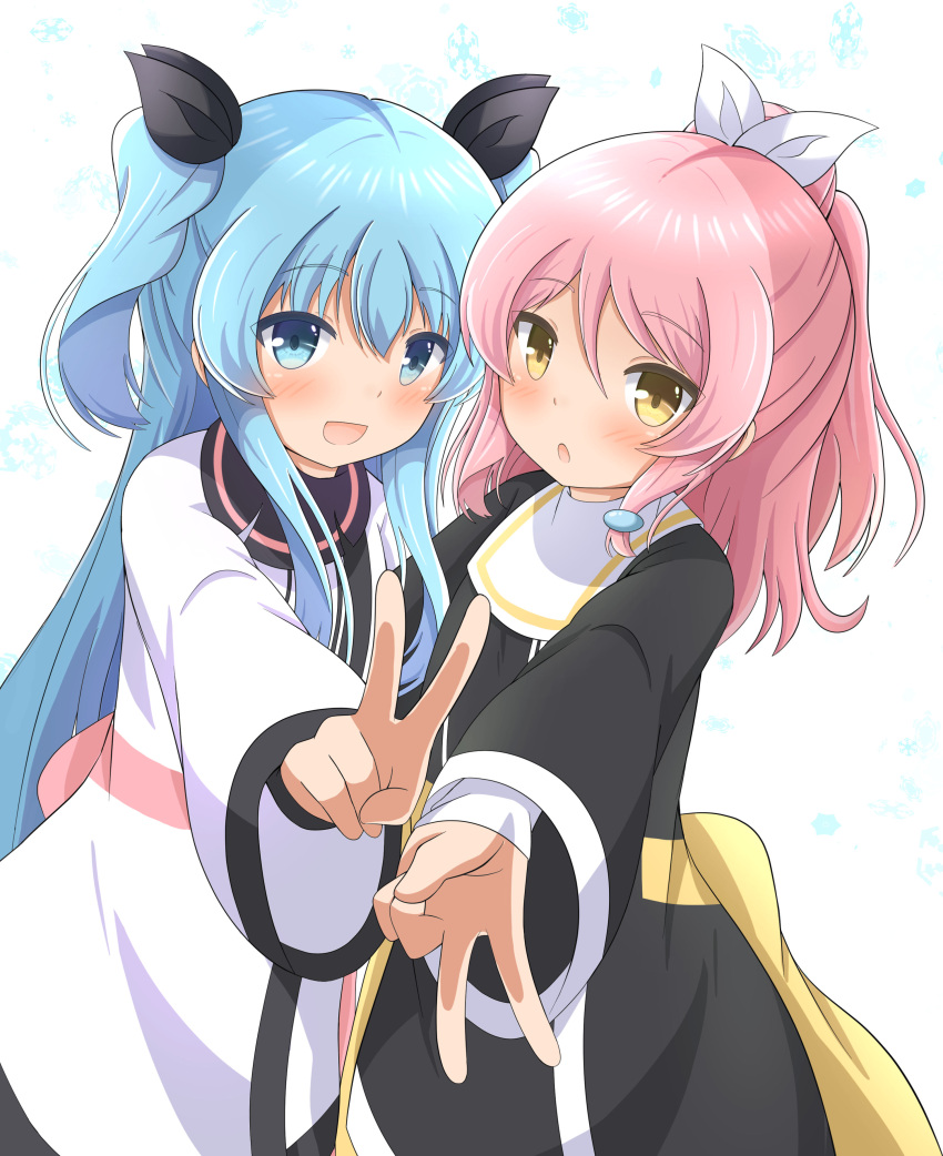 2girls :d :o absurdres black_ribbon blue_eyes blue_hair blush bow brown_eyes carol_(sora_no_method) double_v dress hair_between_eyes hair_bow hair_ornament hair_ribbon highres hug long_hair long_sleeves looking_at_viewer multiple_girls noel_(sora_no_method) open_mouth outstretched_arms pink_hair ponytail ribbon sidelocks simple_background sleeves_past_wrists smile snowflake_background snowflakes sora_no_method stargazer_hope twintails two_side_up v very_long_hair white_background white_dress white_ribbon wide_sleeves