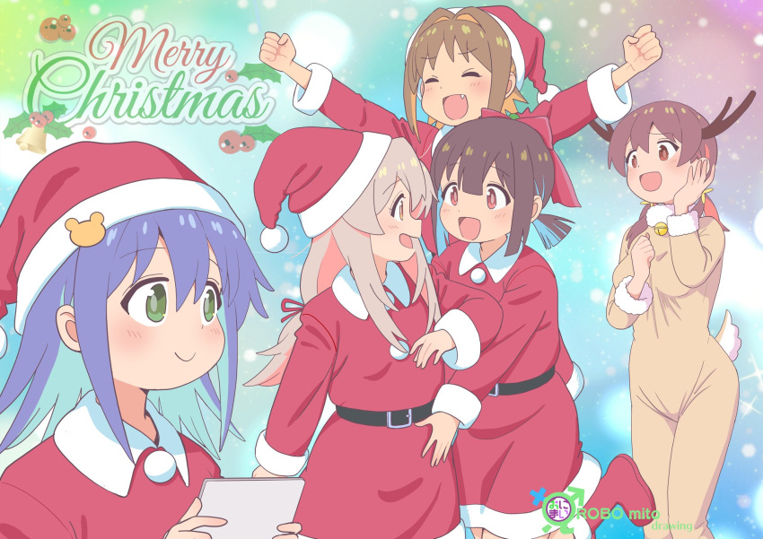 5girls :d animal_costume aqua_hair artist_name bell belt blue_hair blunt_bangs blunt_ends brown_eyes brown_hair christmas clenched_hands closed_eyes colored_inner_hair commentary fang fur_trim green_eyes hair_between_eyes hair_intakes hand_on_own_cheek hand_on_own_face hat highres hozuki_momiji jingle_bell long_hair long_sleeves looking_at_another low-tied_long_hair low_twintails merry_christmas multicolored_background multicolored_hair multiple_girls murosaki_miyo neck_bell oka_asahi onii-chan_wa_oshimai! open_mouth orange_hair outstretched_arms oyama_mahiro pink_hair pom_pom_(clothes) redhead reindeer_costume robomito santa_costume santa_hat short_hair short_ponytail smile tablet_pc tenkawa_nayuta twintails two-tone_hair yellow_eyes