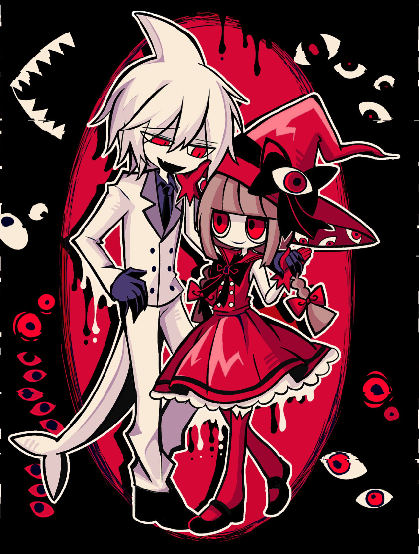1boy 1girl black_background black_footwear black_necktie blue_gloves blue_shirt brown_hair closed_mouth collared_shirt commentary_request disembodied_eye dress fins fish_tail full_body funamusea gloves hand_on_another's_cheek hand_on_another's_face hat hatosabure head_fins highres holding_hands looking_at_another medium_hair necktie oounabara_to_wadanohara open_mouth red_background red_dress red_eyes red_gloves red_headwear red_thighhighs shark_boy shark_tail shirt short_hair short_sleeves smile spoilers suit syake_(wadanohara) tail thigh-highs two-tone_background wadanohara white_hair white_suit witch_hat