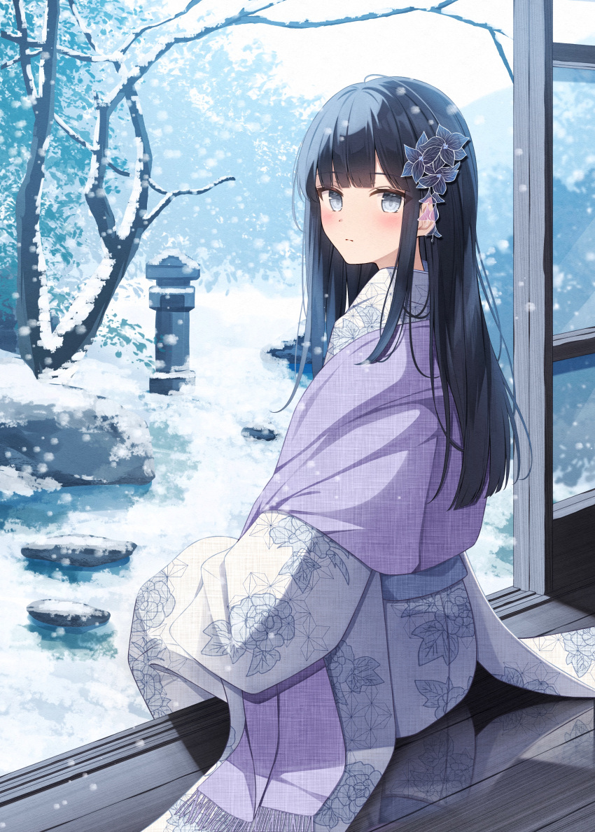 1girl absurdres asa_no_ha_(pattern) black_hair blue_eyes blunt_bangs blush closed_mouth commentary_request flower fringe_trim from_behind furisode hair_flower hair_ornament highres japanese_clothes kimono long_hair looking_at_viewer looking_back on_floor original purple_shawl reflection reflective_floor senri_(senri_sen) shawl shouji sidelocks sitting sliding_doors snow snowing solo stone_lantern tree white_kimono winter