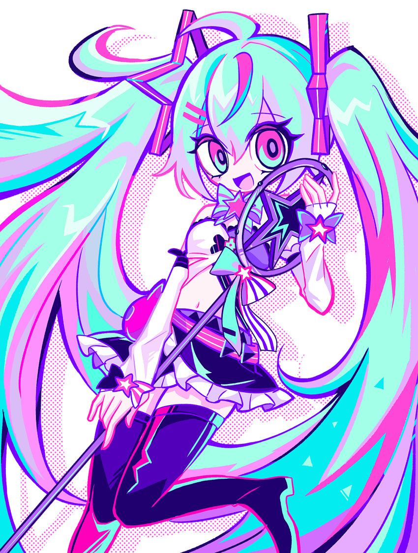 1girl ahoge aqua_bow aqua_bowtie aqua_eyes aqua_hair black_footwear black_skirt boots bow bowtie commentary_request crop_top detached_sleeves eyelashes foot_out_of_frame hair_ornament hairclip hatosabure hatsune_miku highres holding holding_microphone leg_up long_hair looking_at_viewer microphone neon_palette open_mouth pink_eyes shirt skirt smile solo thigh_boots twintails two-tone_eyes very_long_hair vocaloid white_shirt