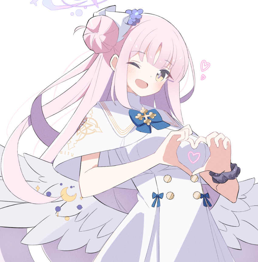1girl angel_wings blue_archive blue_bow bow breasts capelet crescent cross dress feathered_wings flower frilled_ribbon frills hair_bun hair_flower hair_ornament hair_ribbon halo heart heart_hands highres large_breasts long_hair looking_at_viewer low_wings mika_(blue_archive) one_eye_closed open_mouth pink_hair pink_halo purple_flower purple_scrunchie raised_eyebrows ribbon sasanoha_(sasanoha0712) scrunchie simple_background single_side_bun smile solo underbust white_background white_capelet white_dress white_ribbon white_wings wings wrist_scrunchie yellow_eyes