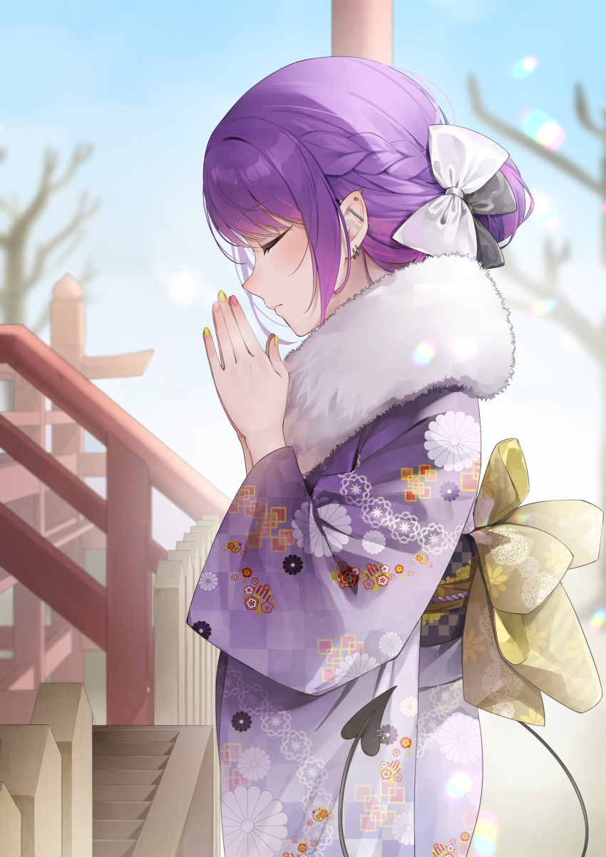 1girl absurdres closed_eyes closed_mouth day demon_girl demon_tail green_nails highres hololive izumi_kei japanese_clothes kimono long_hair long_sleeves multicolored_nails own_hands_together praying purple_hair purple_kimono purple_nails shrine sidelocks solo standing tail tokoyami_towa virtual_youtuber