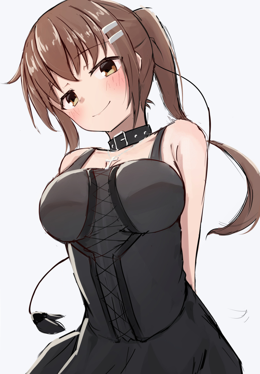 1girl absurdres arms_behind_back bare_shoulders black_choker black_dress blush breasts brown_eyes brown_hair choker closed_mouth cross cross_necklace dress grey_background hair_between_eyes hair_ornament hairclip highres jewelry large_breasts long_hair looking_at_viewer minakami_yuki necklace ponytail simple_background sketch sleeveless sleeveless_dress smile solo subarashiki_hibi takoyaki032002 upper_body