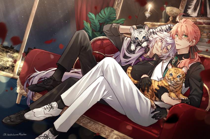 2boys absurdly_long_hair ahoge alternate_costume black_footwear black_gloves black_pants black_ribbon black_shirt black_socks black_vest candle chaldea_logo chalice closed_mouth collared_shirt couch crossed_legs cup curtains fate/grand_order fate_(series) fern glint gloves green_eyes green_necktie hair_between_eyes hair_over_shoulder hair_ribbon half_gloves head_on_another's_shoulder highres holy_grail_(fate) indoors knee_up loafers long_hair long_sleeves looking_at_viewer lying male_focus merlin_(fate) multiple_boys necktie nekohanemocha night night_sky pants pink_hair portrait_(object) purple_hair purple_necktie ribbon romani_archaman shirt shoes sitting sky smile socks solomon_(fate) tiger tiger_cub vase very_long_hair vest violet_eyes white_footwear white_pants white_tiger white_vest window wing_collar