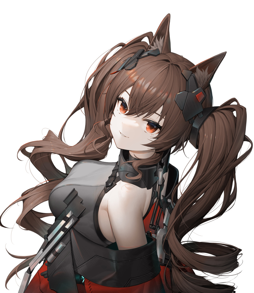 1girl absurdres angelina_(arknights) animal_ear_fluff animal_ears arknights arknights:_endfield backless_outfit bare_shoulders black_gloves black_jacket bracelet breasts brown_hair chest_strap collar commentary crossed_bangs drill_hair eyelashes fox_ears fox_girl from_above from_side gloves grey_shirt grin hair_between_eyes hair_intakes hair_ornament high_collar highres infection_monitor_(arknights) jacket jewelry long_hair looking_at_viewer looking_to_the_side looking_up medium_breasts metal_collar multicolored_clothes multicolored_jacket official_alternate_costume open_clothes open_jacket orange_eyes parted_lips red_jacket shirt sidelocks simple_background sleeveless sleeveless_shirt smile soho_(user_dphk5745) solo teeth turtleneck turtleneck_shirt twin_drills twintails two-tone_jacket unworn_jacket upper_body variant_set very_long_hair white_background
