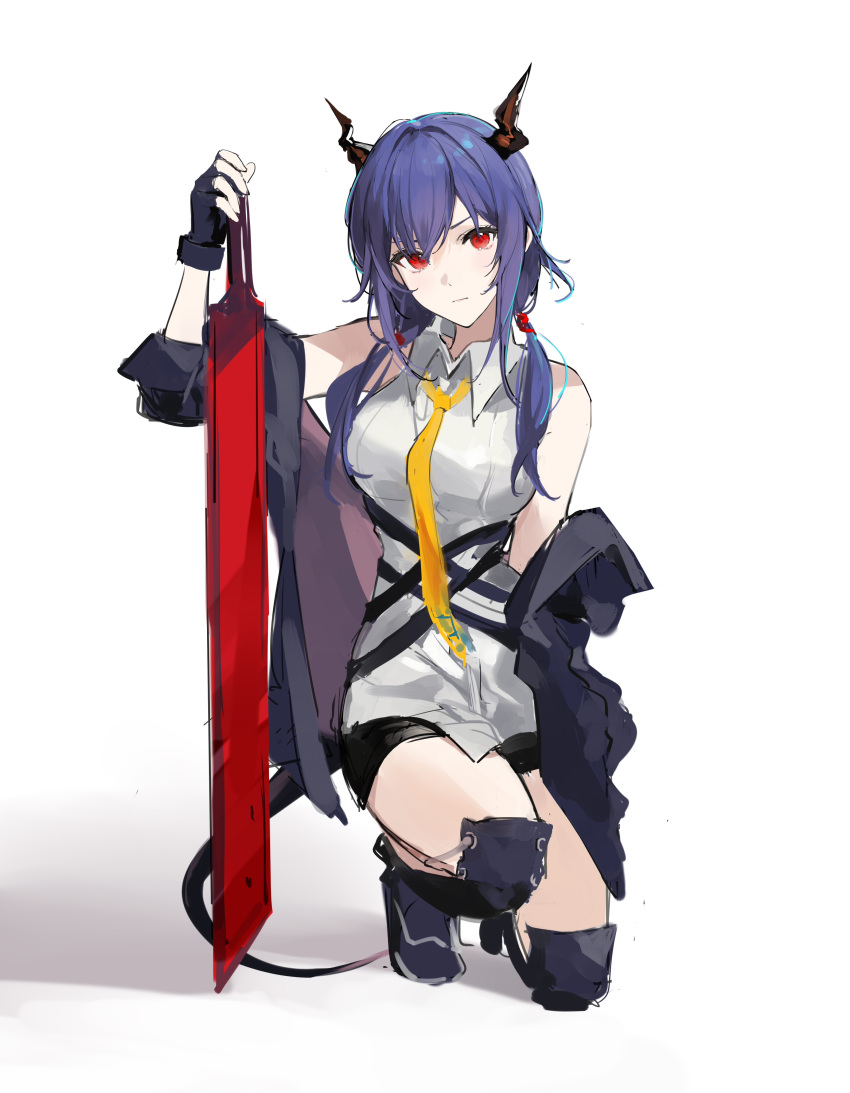 1girl absurdres arknights black_gloves black_shorts blue_hair ch'en_(arknights) collared_shirt commentary_request dragon_girl dragon_horns dragon_tail fingerless_gloves gloves highres horns jacket joshua_(shisanli934) knee_pads long_hair looking_at_viewer necktie off_shoulder on_one_knee open_clothes open_jacket red_eyes shirt shorts sketch sleeveless sleeveless_shirt solo tail twintails weapon white_background white_shirt yellow_necktie