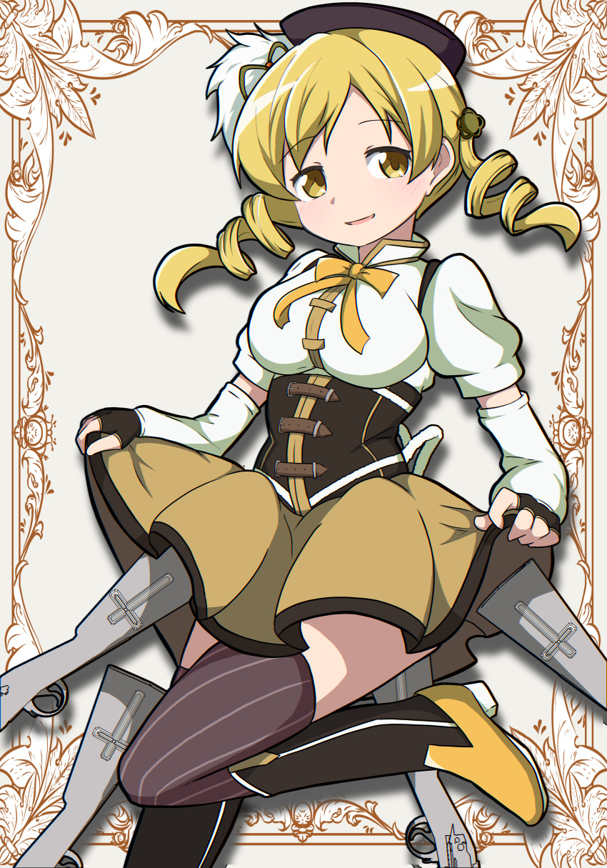 1girl absurdres blonde_hair boots breasts cowboy_shot detached_sleeves drill_hair gun highres impossible_clothes mahou_shoujo_madoka_magica mahou_shoujo_madoka_magica_(anime) namari_siro neck_ribbon open_mouth puffy_short_sleeves puffy_sleeves ribbon short_sleeves skirt skirt_hold smile solo standing standing_on_one_leg striped striped_thighhighs thigh-highs tomoe_mami twin_drills weapon yellow_eyes yellow_skirt
