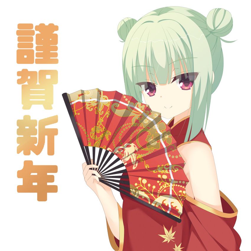 1girl absurdres china_dress chinese_clothes closed_mouth double_bun dragon_print dress folding_fan green_hair hair_bun hand_fan happy_new_year highres holding holding_fan kaon_zz long_bangs looking_at_viewer murasame_(senren) off-shoulder_dress off_shoulder red_eyes senren_banka sidelocks simple_background smug solo translation_request white_background