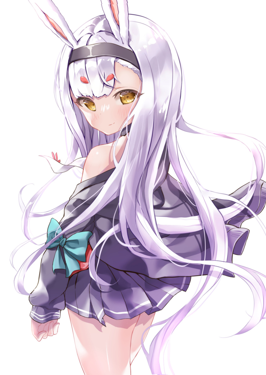 1girl absurdres ass azur_lane blunt_bangs choker classic_(zildjian33) commentary from_behind highres long_hair long_sleeves looking_at_viewer looking_back off_shoulder pleated_skirt revision shimakaze_(azur_lane) sidelocks simple_background skirt smile solo thick_eyebrows white_background white_hair wind yellow_eyes