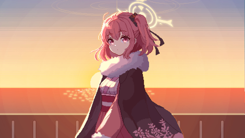 1girl black_kimono blue_archive closed_mouth fur-trimmed_kimono fur_trim hair_between_eyes halo highres horizon japanese_clothes kimono long_sleeves obi one_side_up outdoors pink_eyes pink_hair pink_kimono pixel_art sash serina_(blue_archive) short_hair solo sun tinia_etru wide_sleeves yellow_halo