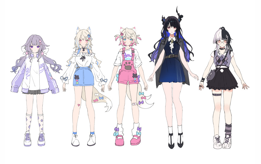 5girls animal_ears black_footwear black_hair black_skirt blonde_hair blue_dress blue_eyes blue_hair blue_socks closed_mouth colored_inner_hair dog_ears dog_tail dress full_body fuwawa_abyssgard highres holoadvent hololive hololive_english horns jacket koseki_bijou long_hair looking_at_viewer low_twintails mococo_abyssgard multicolored_hair multiple_girls nerissa_ravencroft ninomae_ina'nis_(artist) official_alternate_costume official_alternate_hairstyle pink_eyes pink_footwear purple_jacket shiori_novella shoes simple_background skirt socks standing tail twintails two_side_up very_long_hair violet_eyes white_background white_socks yellow_eyes