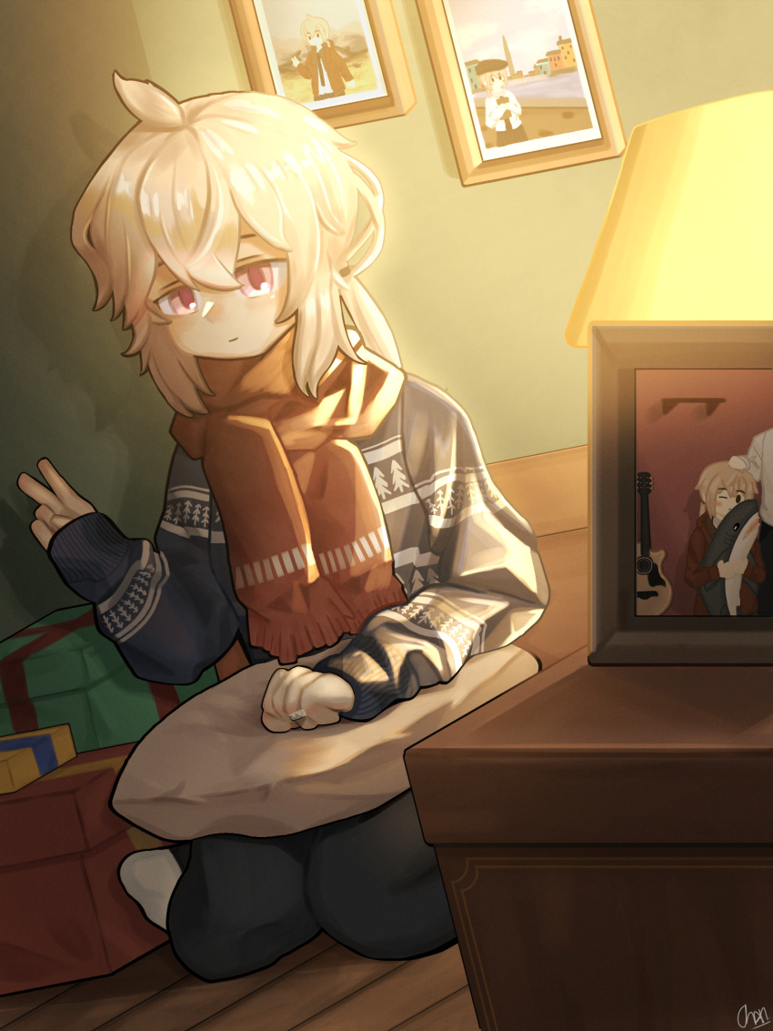 1girl acoustic_guitar blue_sweater box cheychan english_commentary gift gift_box girls_frontline grey_hair guitar hair_between_eyes highres ikea_shark instrument jewelry lamp looking_at_viewer m200_(girls'_frontline) photo_(object) pillow print_sweater red_scarf ring scarf sidelocks sitting solo stuffed_animal stuffed_shark stuffed_toy sweater v violet_eyes wedding_ring wooden_floor