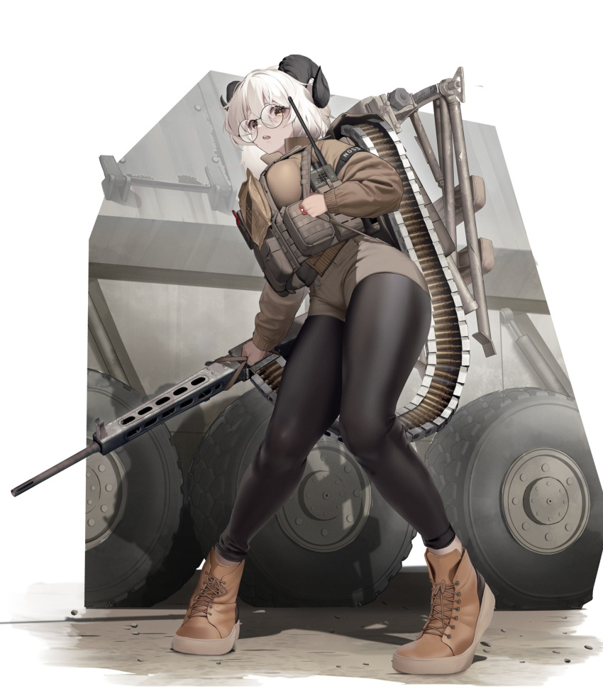 1girl armor bad_link black_horns breastplate breasts curled_horns full_body glasses goat_horns gun highres holding holding_gun holding_weapon horns jacket large_breasts long_sleeves looking_at_viewer machine_gun magazine_(weapon) nine_(kanine41) open_mouth original pantyhose round_eyewear shirt shoes short_hair shorts simple_background solo weapon white_background white_hair yellow_eyes