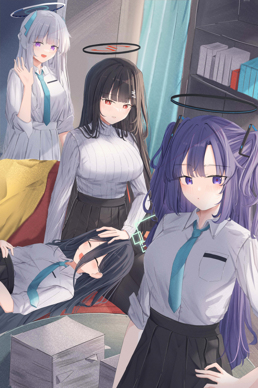 4girls absurdly_long_hair absurdres aris_(blue_archive) black_hair black_skirt blue_archive blue_necktie blush breasts closed_mouth collared_shirt green_halo grey_hair halo highres large_breasts leonardo_566 long_hair mechanical_halo multiple_girls necktie noa_(blue_archive) open_mouth paper pleated_skirt purple_hair red_eyes ribbed_sweater rio_(blue_archive) shirt skirt smile sweater very_long_hair violet_eyes white_shirt white_sweater yuuka_(blue_archive)