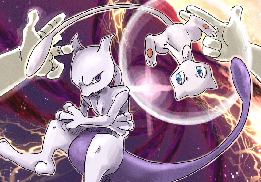 animal_ears blue_eyes cat_ears cat_tail crazy_hand furry highres kicdon looking_at_another master_hand mew_(pokemon) mewtwo pokemon pokemon_(creature) super_smash_bros. tail violet_eyes